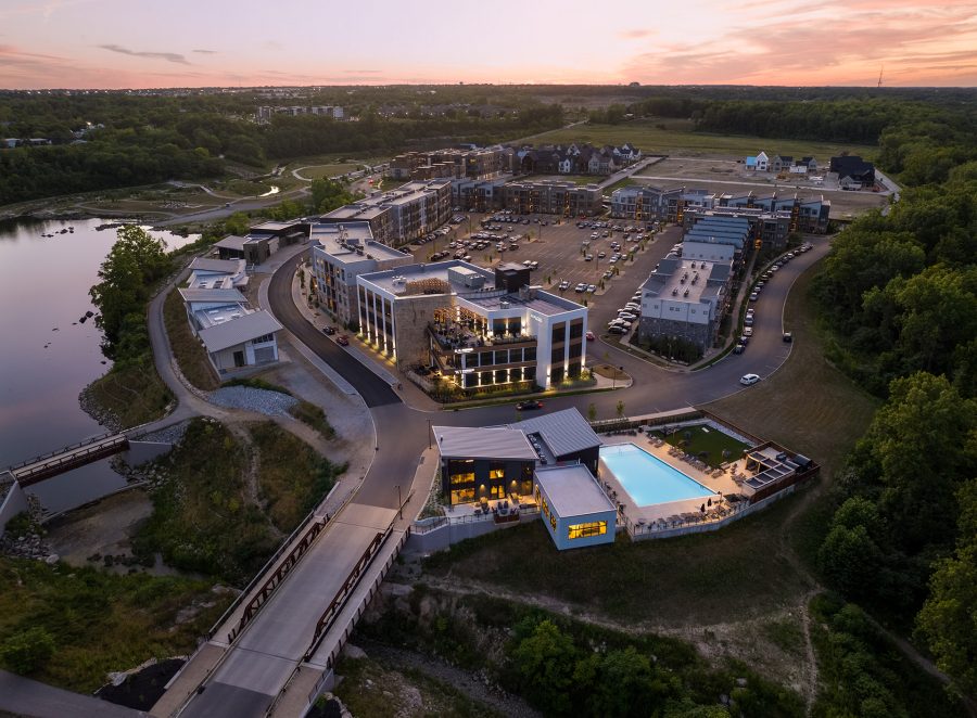 Aerial view of the Quarry Trails development with the Quarry Trails Metro Park in the distance